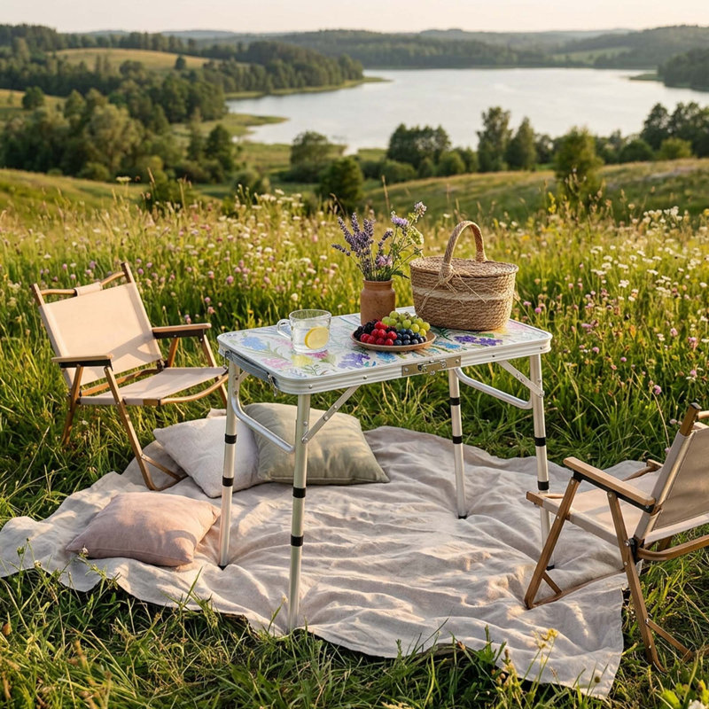 Table de camping pliante avec filet de rangement, table de pique-nique en aluminium à hauteur réglable pour le camping, la randonnée, le barbecue et l'intérieur