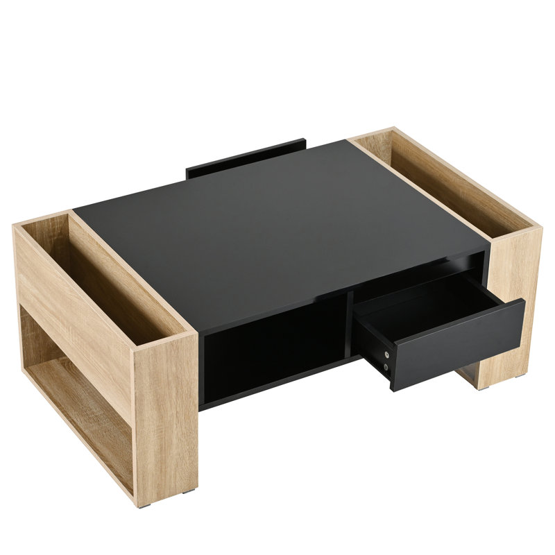 High Glossy Coffee Table with 2 Drawers, Black/Natural