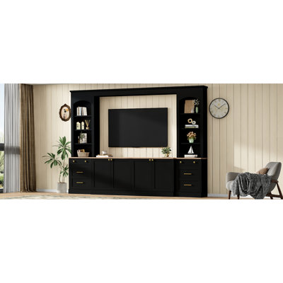 Arched Wall Unit, 106Inch Black Tv Stand With Wood Grain, Multi - Functional Storage For Living Room, Well Balanced Design Retro Entertainment Center, Stand, Purpose Cabinets And Drawers, Particle