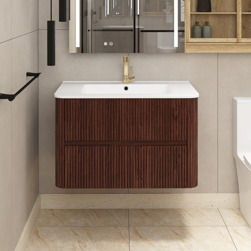 29.92 In. W X 18.31 In. D X 20.4 In. H Single Sink Wall-Mounted Bath Vanity In Deep Walnut With White Ceramic Top