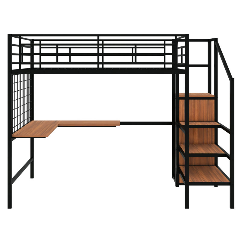 Loft Bed With Desk And Metal Grid, Stylish Metal Frame Bed With Lateral Storage Ladder And Wardrobe, Black, Full