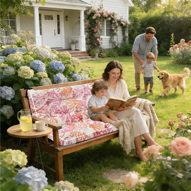 Porch Swing Cushions With Backrest, 4" Thicken Waterproof Outdoor Bench Cushion, Only Cushion, 63" W x 20" D, Warm Peach Leaf