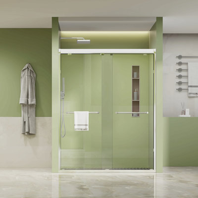 Framed Both Sliding Glass Shower Doors 60" Width X 76"Height With 1/4"(6Mm) Clear Tempered Glass, Silver  Finish, Big Rollers, Square Rail, Self-Cleaning Coating On Both Sides