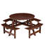 Table de pique-nique brune 8 avec 4 bancs intégrés. Trou de parasol, table pour 8 personnes, patio, cour, bancs encastrés, cour arrière.