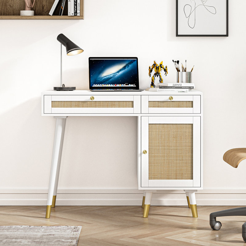 Pifer 39.4'' White Rattan Writing Desk With Drawer Cabinet Laptop Computer Work Study Table