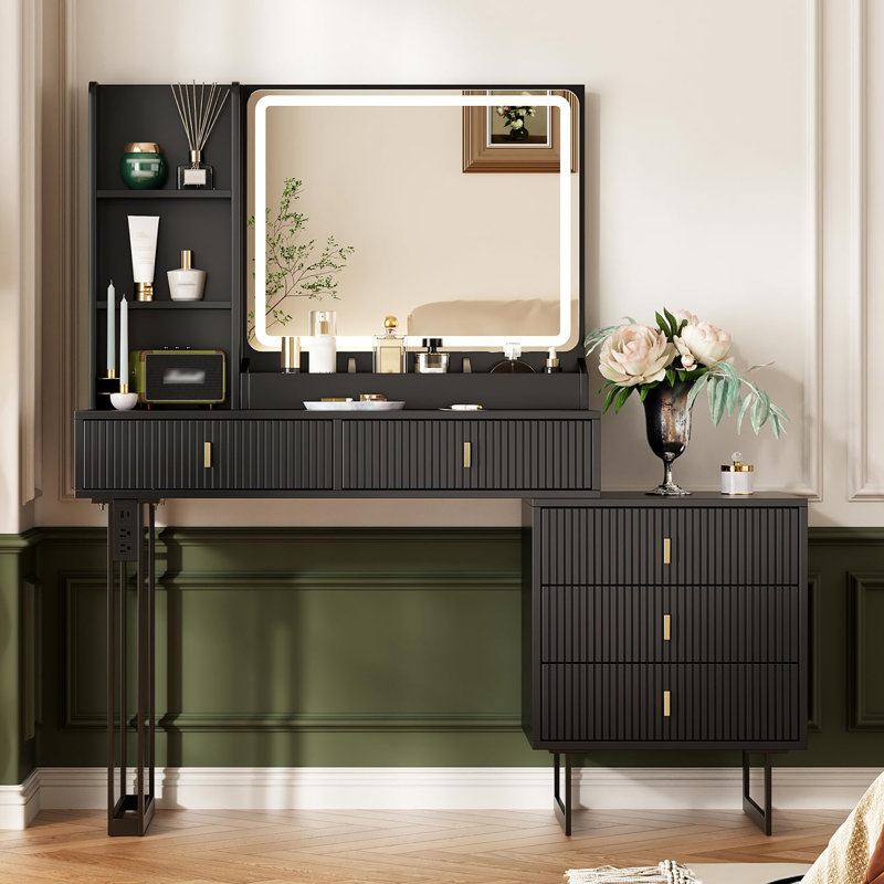 Large Vanity Desk with 3 Color Touch Screen Dimming Mirror, Vanity Desk with Charging Station, Modern Retractable Makeup Dressing Table, Makeup Table With storage shelves and 5 Sliding Drawers