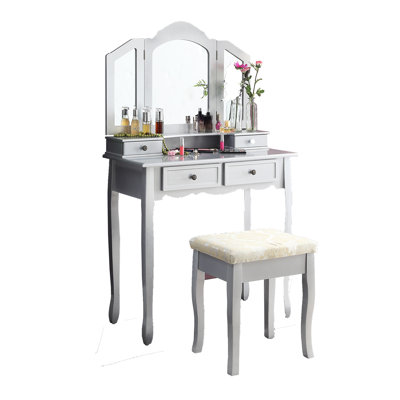Sanlo Wooden Vanity Make Up Table And Stool Set, Silver