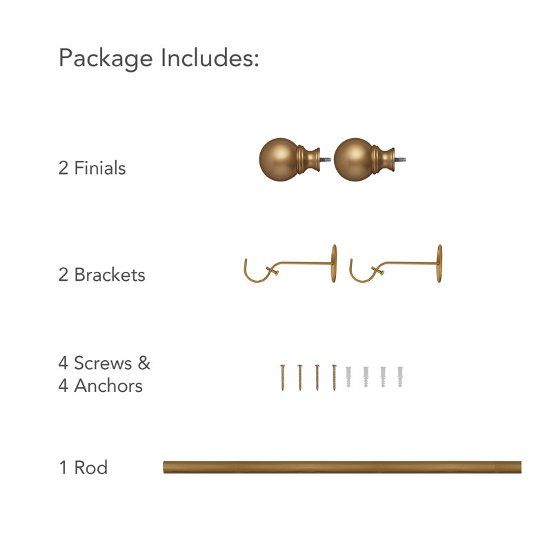 Soft Gold Adjustable Single Curtain Rod with Globe Finial, 28"-48"