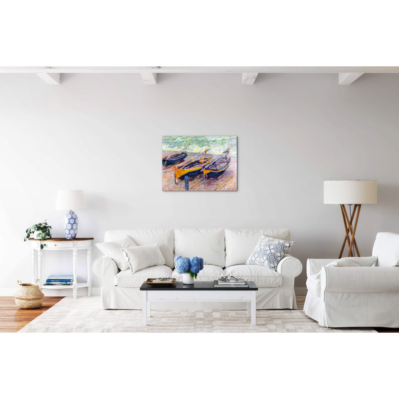 three fishing boats in Eretrat by Monet Claude 57cm H X 76cm W CrystalArt Material Acrylic Glass Effect, Frameless Panel Lightweight Ready to Hang