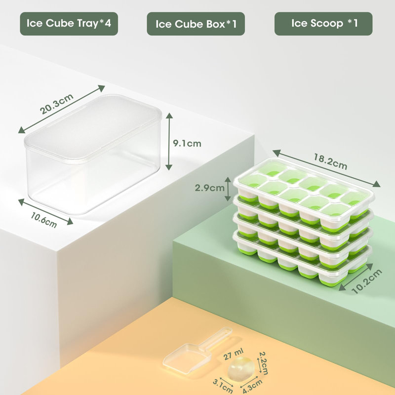 Ice Cube Tray With Lid And Bin, 4 Pack Silicone Plastic Ice Cubes Trays For Freezer With Box/Container, Stackable With Storage Iced Bucket Kits, Scoop, For Soup, Food, Cocktail, Coffee
