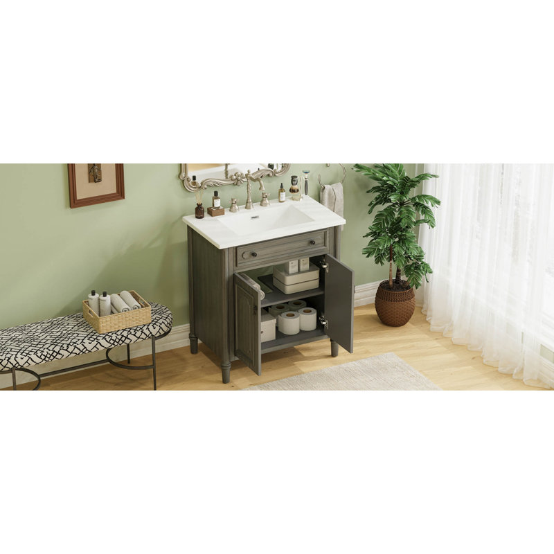 Meuble-lavabo de salle de bain rétro 30 po avec lavabo, armoire de salle de bain rustique avec portes à fermeture en douceur et tablette réglable, conception à profil courbé, pieds en bois d'hévéa