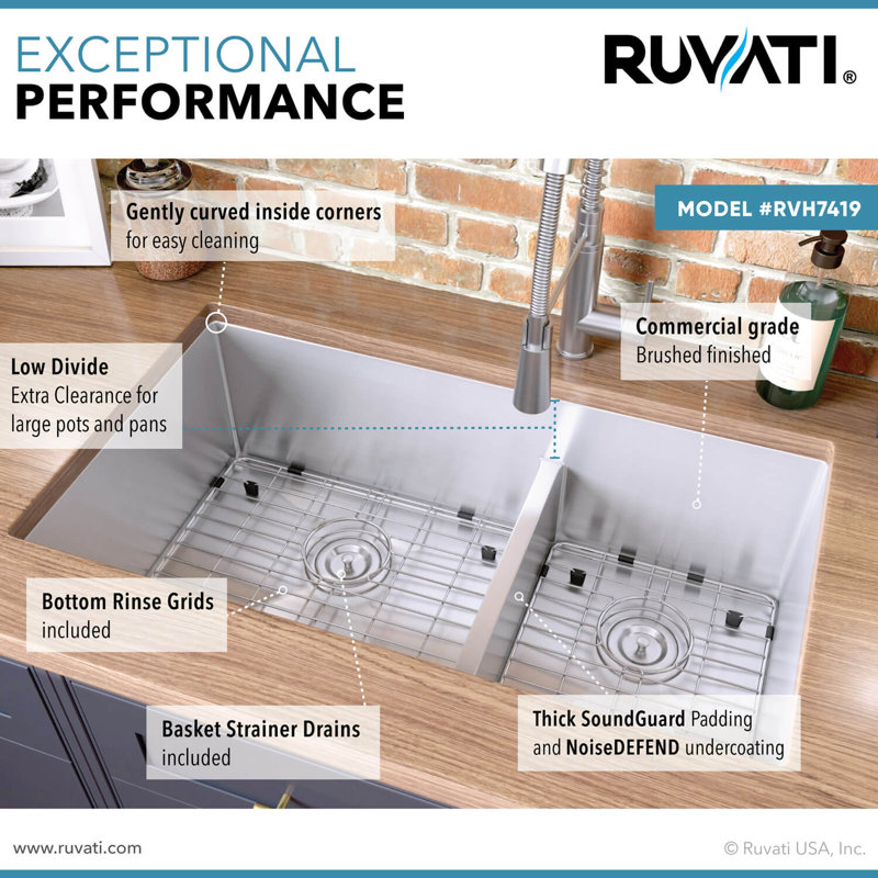 Tirana Low Aqua 33" L x 19" W Double Basin Undermount Kitchen Sink