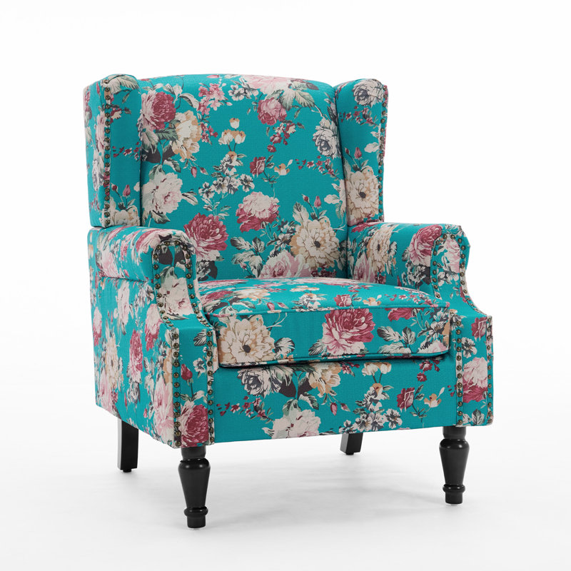 Duward Peacock Blue Floral Upholstered Wingback Accent Chair with Nailhead Trim, Peacock Blue 