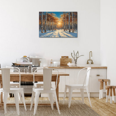 Grande forêt de bouleaux d'hiver, art mural, coucher de soleil, scène d'hiver, impressions sur toile, bouleau, peinture, paysage d'hiver, œuvre d'art murale pour salon, chambre à coucher, bureau, prêt à être accroché, 32 po x 48 po