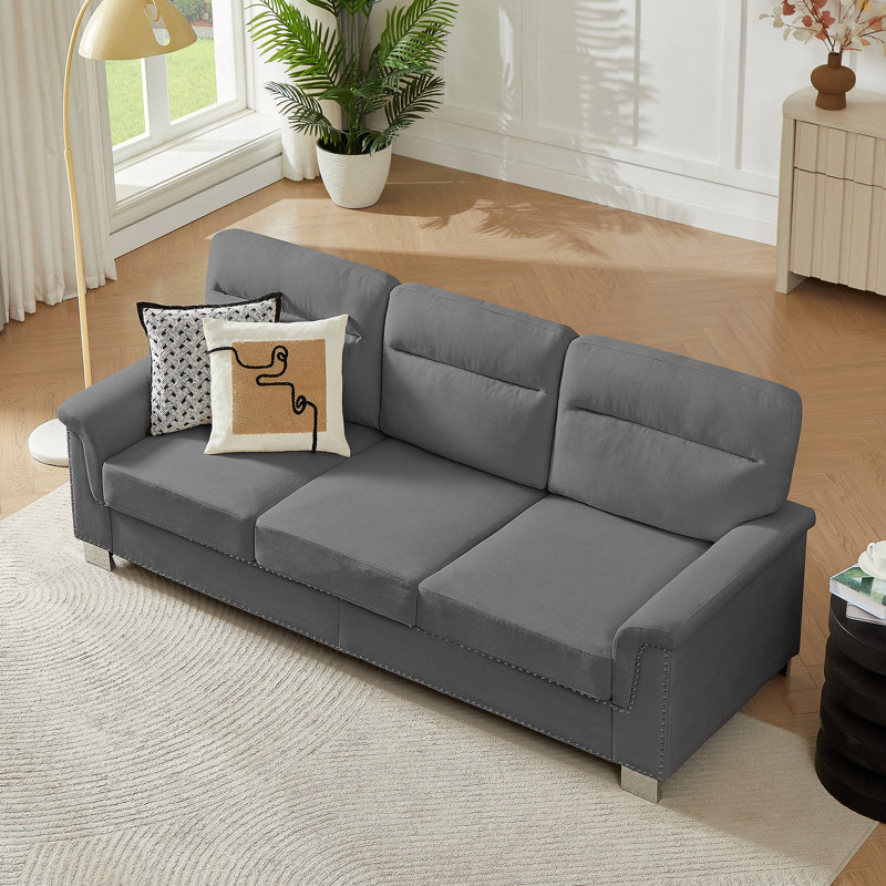 82-Inch Modern 3-Seater Sofa With Compressed Snowfleece Fabric For Living Room, Bedroom, And Office Use., Gray