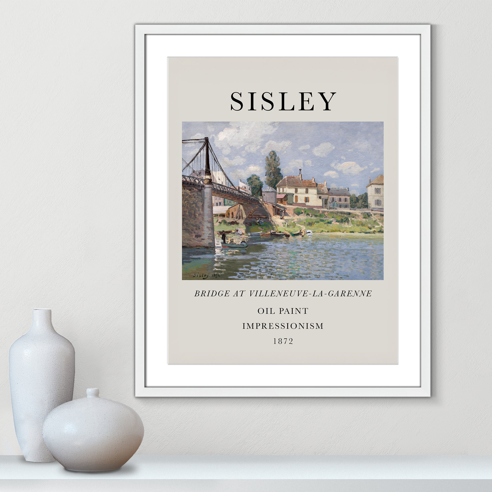 Old Masters Collection " The Bridge At Villeneuve " by Alfred Sisley, White Single Picture Frame, Yes