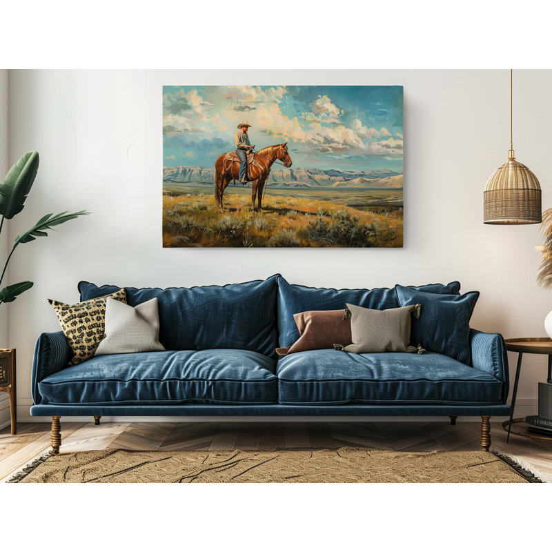 Reproduction d'art de peinture rétro d'un cowboy chevauchant un cheval, art mural moderne pour la maison et le bureau