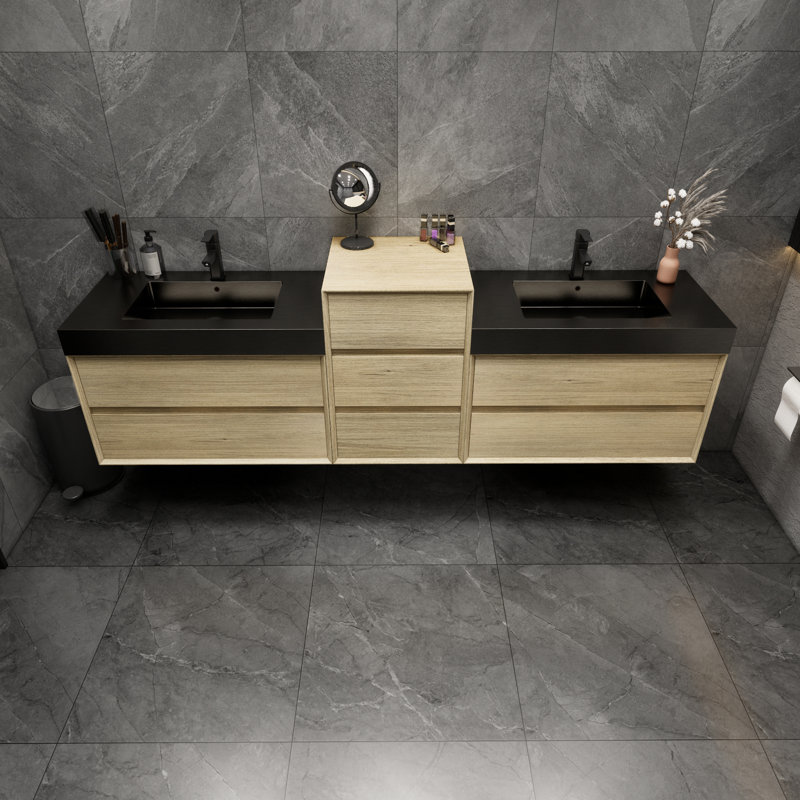 Golitz Wall-Mounted Double Bathroom Vanity Set, Teak