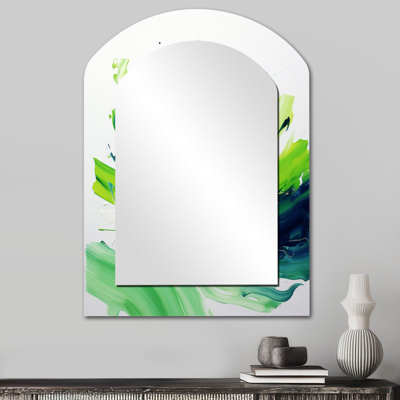 White and Green Abstract ink expression II - Abstract Painting Arch Unique Wall Mirror, Modern Asymmetrical Mirror, Printed Metal Art