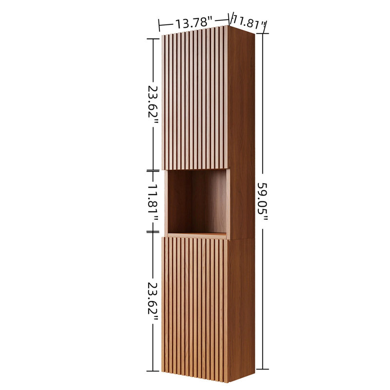 59-Inch Tall Narrow Wall Cabinet, Brown Oak Finish, Semi- French 3D Groove On Doors, Plywood, Suitable For Small And Areas In Bathroom Cabinet Bathroom, , Ideal Spaces
