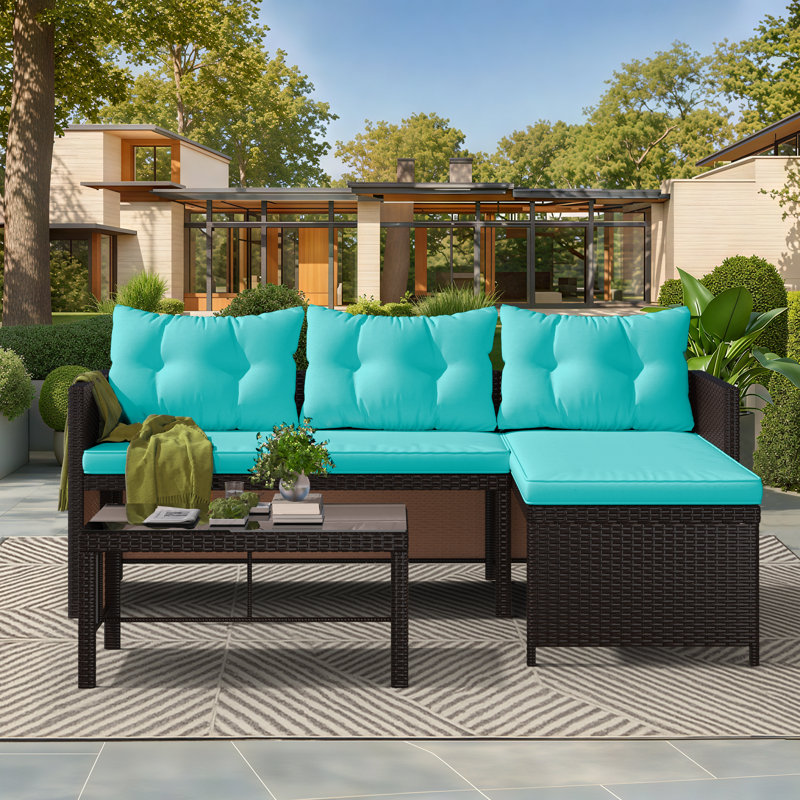 3 Piece Outdoor Patio Furniture Set, All-Weather PE Rattan Sofa Set With Glass Table & Cushions, Perfect For Garden, Poolside, Yard