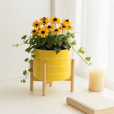 Glossy Ceramic Outdoor Planter on Stand for Indoor Home Decor - Modern Contemporary Flower Pot for Living Room or Patio - Yellow