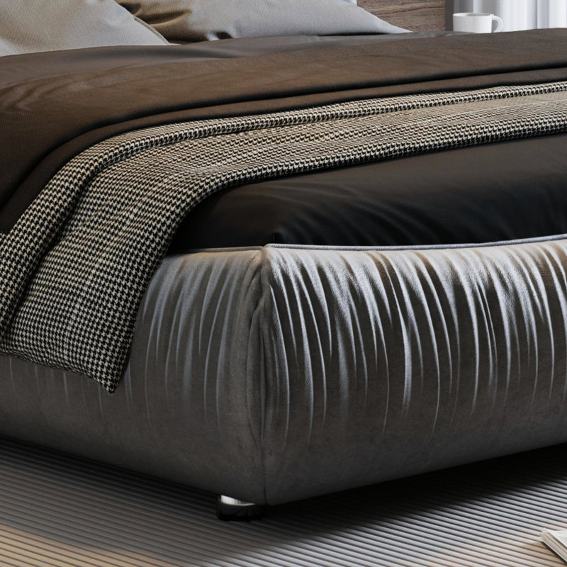Lit de luxe rembourré avec housse en tissu, plateforme grise, lattes en bois massif et rembourrées, Grand lit, Gris