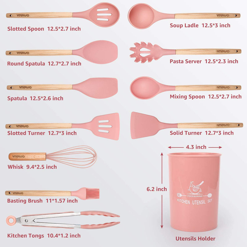 Ensemble d'ustensiles de cuisine en silicone, 13 pièces Ensemble d'ustensiles de cuisine en silicone avec poignées en silicone en acier inoxydable avec support