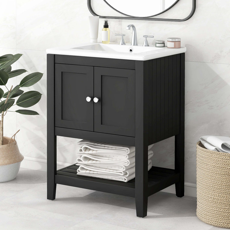 Lavabo de salle de bain moderne élégant en céramique 24 po avec tablette ouverte en bois massif, Black