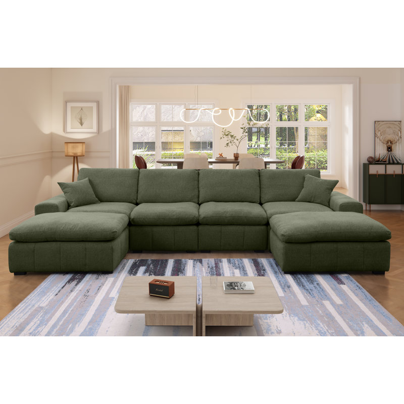 Upholstered Chenille Modular U-sectional Sofa With Two Oversized Ottomans, Dark Green Chenille