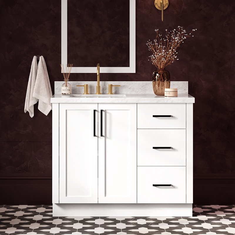   Kayleigh 43 Inch Left Offset Single Rectangle Sink Bathroom Vanity with Carrara White Marble Countertop 1.5 Inch in White