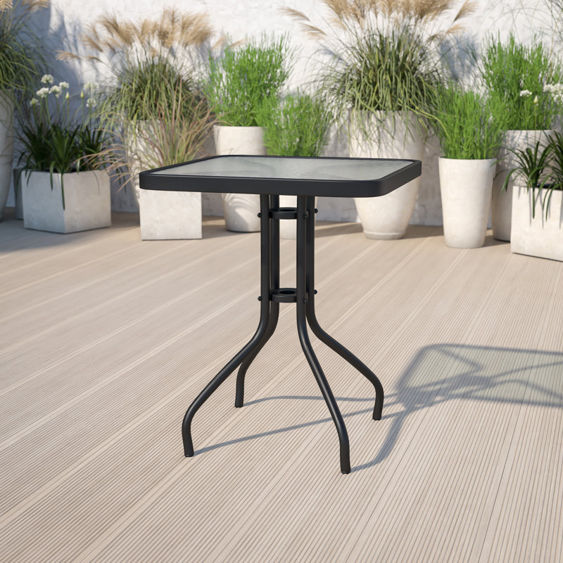 Amlie Square Tempered Glass Metal Table with Smooth Ripple Design Top, 28" H x 23.5" W x 23.5" D, Clear/Black
