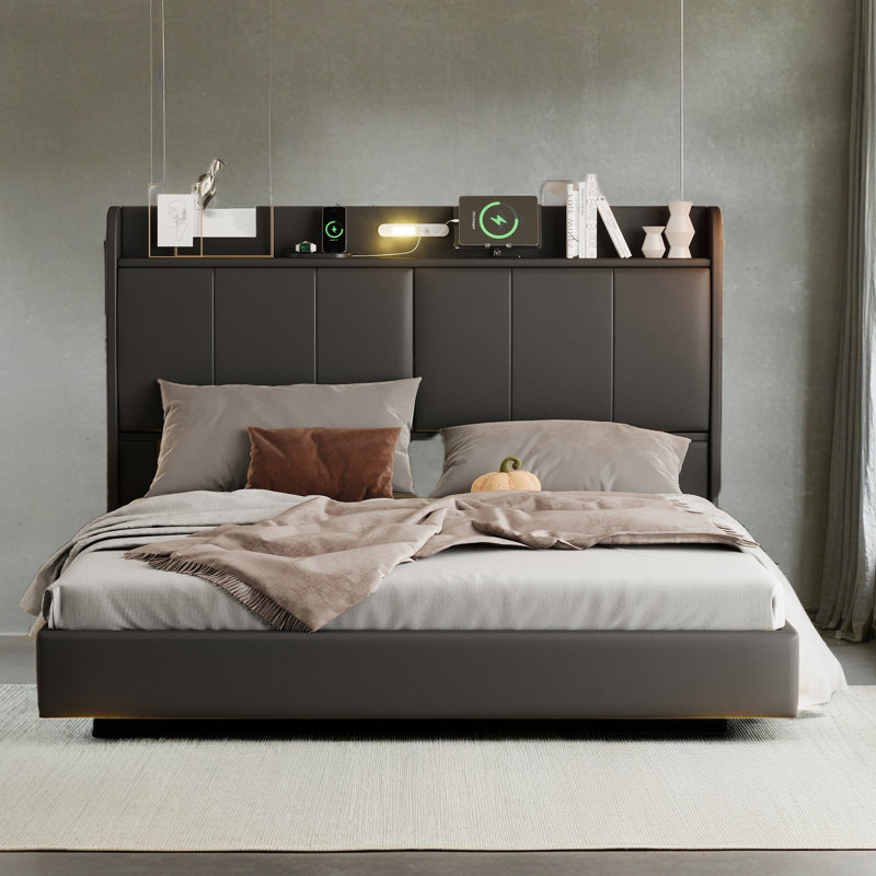 Structure de lit flottant pour grand lit avec tête de lit avec rangement, lit plateforme tapissier moderne avec veilleuse tactile et chargeur USB