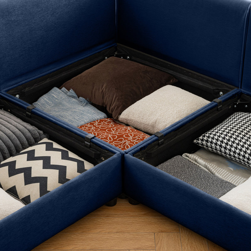 6 Modular Sectional With Storage, Modern Living Room, Blue Chenille, Ergonomic Support Soft 6, Area,, Blue