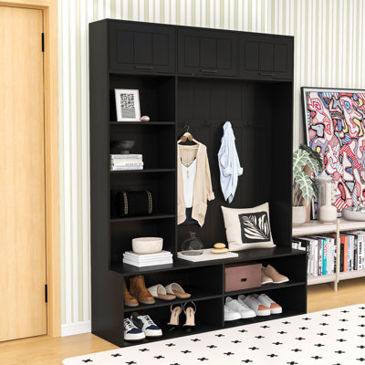 Wooden Hall Tree with 4 Hooks, Bench and Shelves