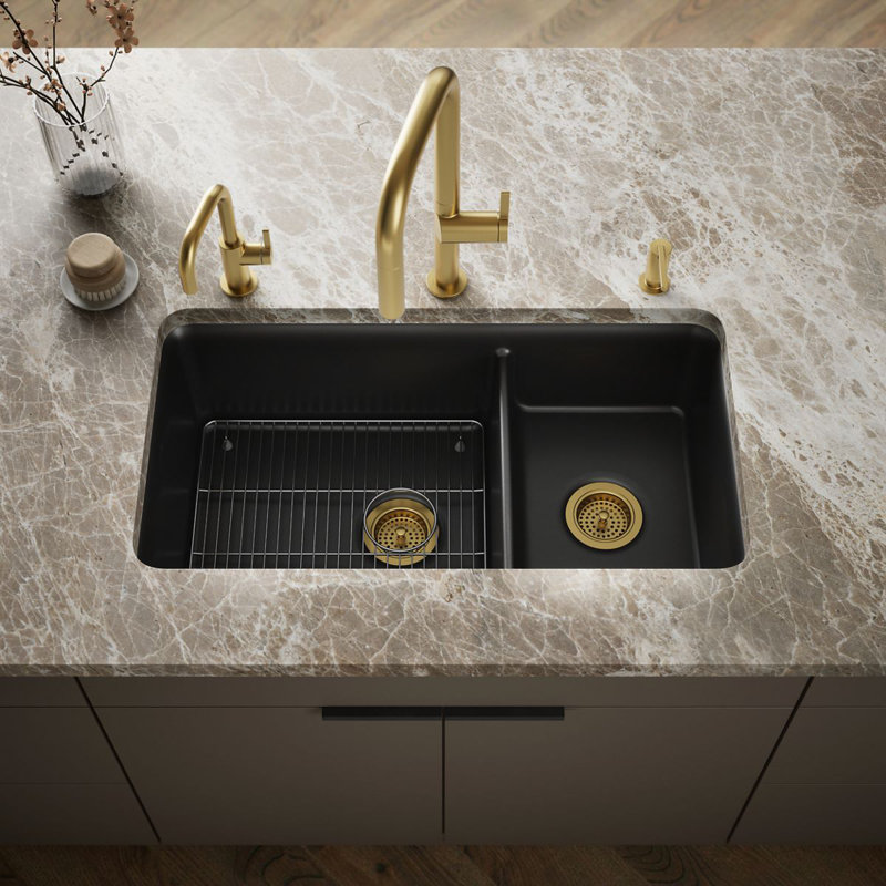 Cairn 34" L x 18" W Double Basin Undermount with Accessories, Matte Black