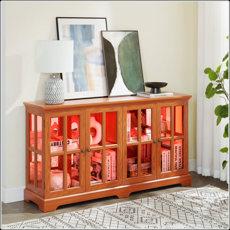 Vitrine à DEL avec portes vitrées, tablettes réglables pour objets de collection, conception à quatre portes, vitrine rétro pour la maison ou le bureau