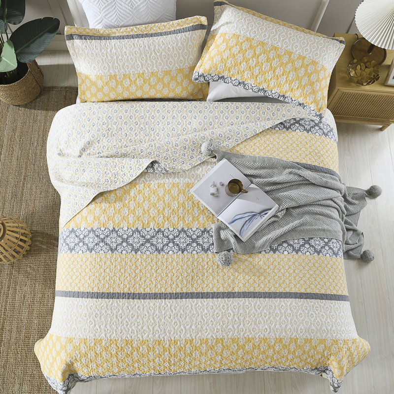 Ensemble de courtepointe 100% coton 98 po x 90 po DDUOXIN - 1 courtepointe avec 2 taies décoratives, Jaune/gris