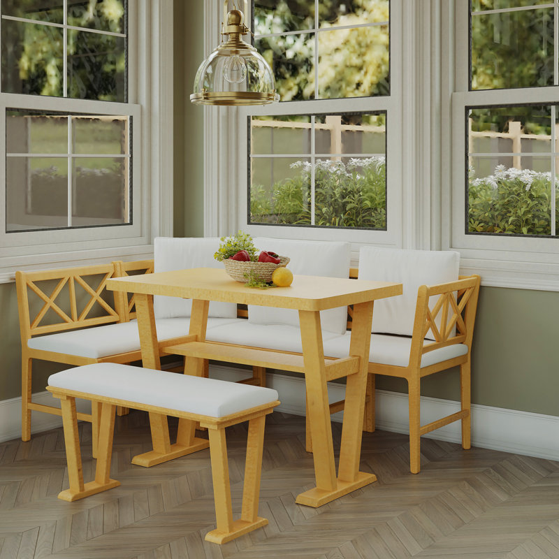 Small Farmhouse Solid Wood Kitchen Nook Dining Room Breakfast Nook Table Set for 6, Space Saving High Top Corner Dining Table with Bench and Chairs (6 Piece)