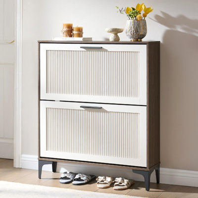Armoire de rangement cannelée à 2 tiroirs cannelés, noyer et blanc, 1 pièce
