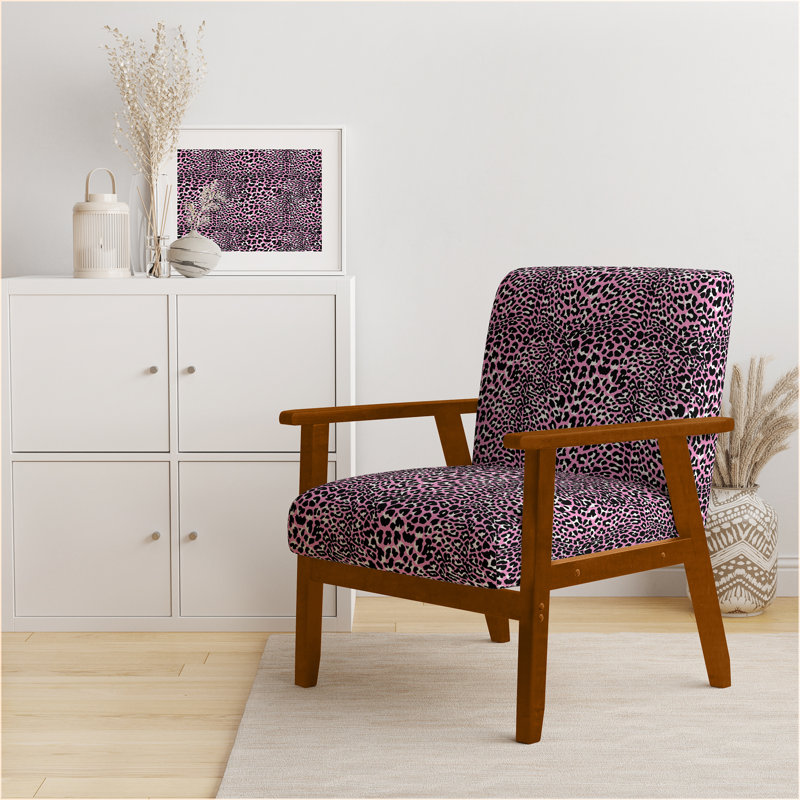 Fauteuil d'appoint rembourré rose et noir léopard, Accoudoirs carrés bruns