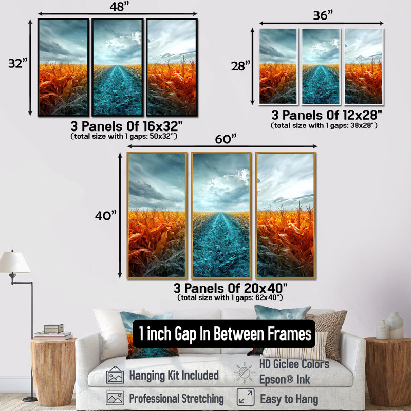 Rangées d'art champêtre vert, H 40 po x l 60 po x P 1 po, Toile naturelle avec cadre flottant