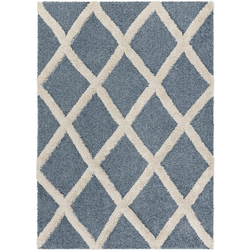 Tapis géométrique rectangulaire bleu sarcelle tissé à la machine, Rectangle 5 pi 3 po x 7 pi
