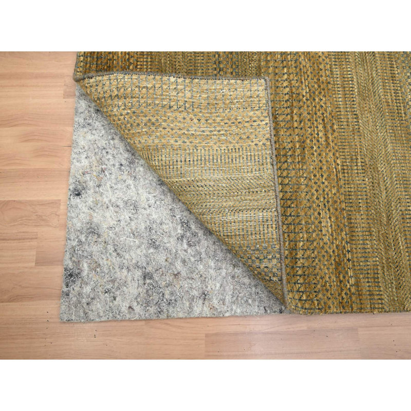 Tapis brun 2 pi 8 po x 8 pi brun amande noué à la main à motif d'herbe moderne tissé plus dense en laine et soie, luxuriant et moelleux