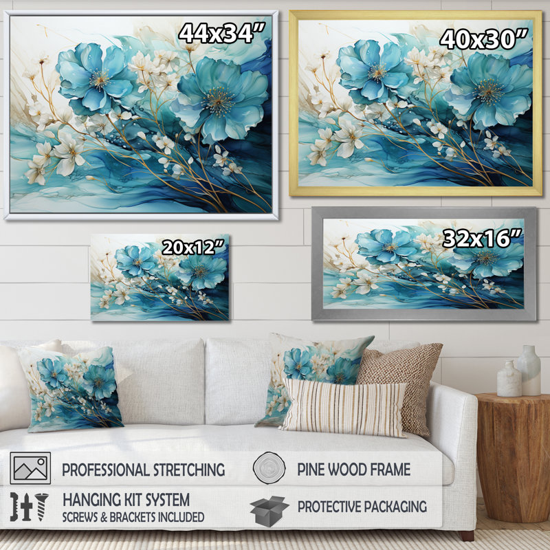 «Avanos» sarcelle or abstrait fractal mystique mirage II, H 16 po x l 32 po x P 1 po, Cadre flottant doré