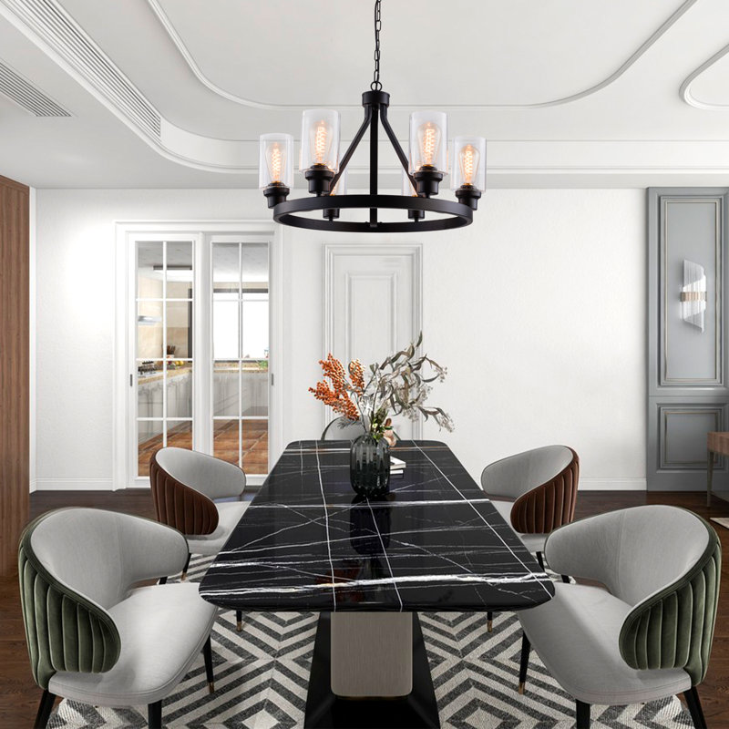 Modern Black Chandelier, Vintage Candle Farmhouse Ceiling Pendant Light Fixture with Glass Shade