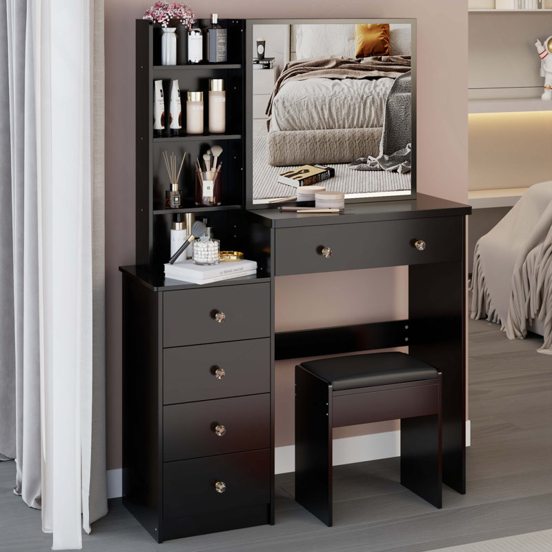 37" Middle Size Left Bedside Cabinet Vanity Table   Cushioned Stool, Extra Large Right Sliding Mirror, Multi Layer High Capacity Storage, Practical Fashionable Dresser, Suitable For Middle Space