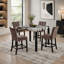 Table de salle à manger carrée haute (1 pièce) avec plateau en faux marbre élégant, pieds noirs épurés et contraste audacieux. Mobilier de salle à manger en bois, de style contemporain et moderne, blanc et marron.