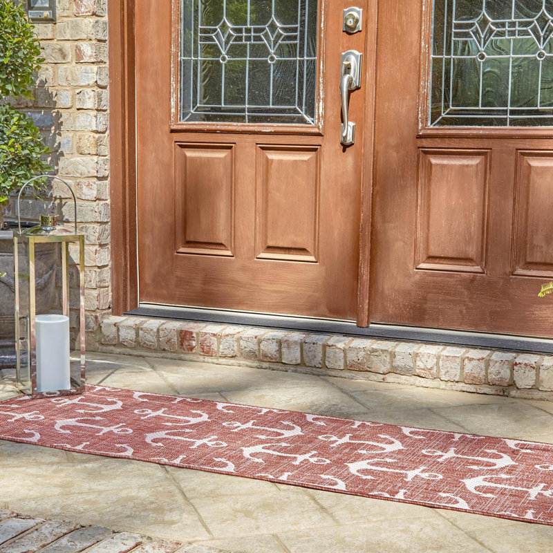 Tapis d'intérieur / extérieur en plastique tissé à la machine en rouge / ivoire, Tapis de couloir 2 pi x 7 pi 10 po