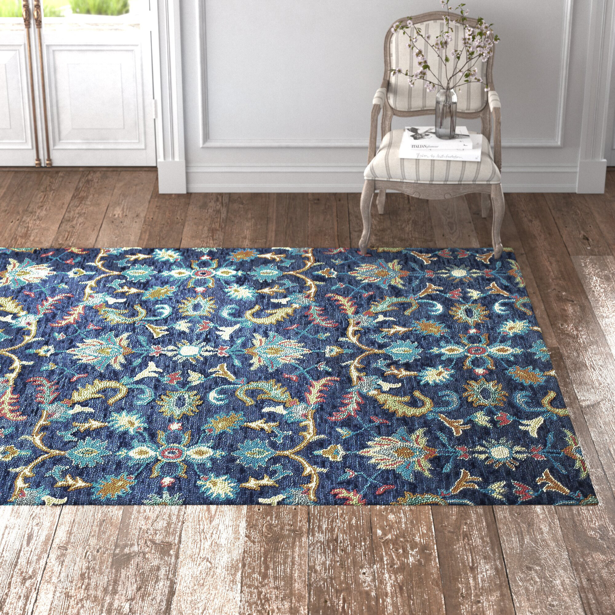 Blue & White Rose Floral Hand Tufted 100% Wool Soft Area Rug